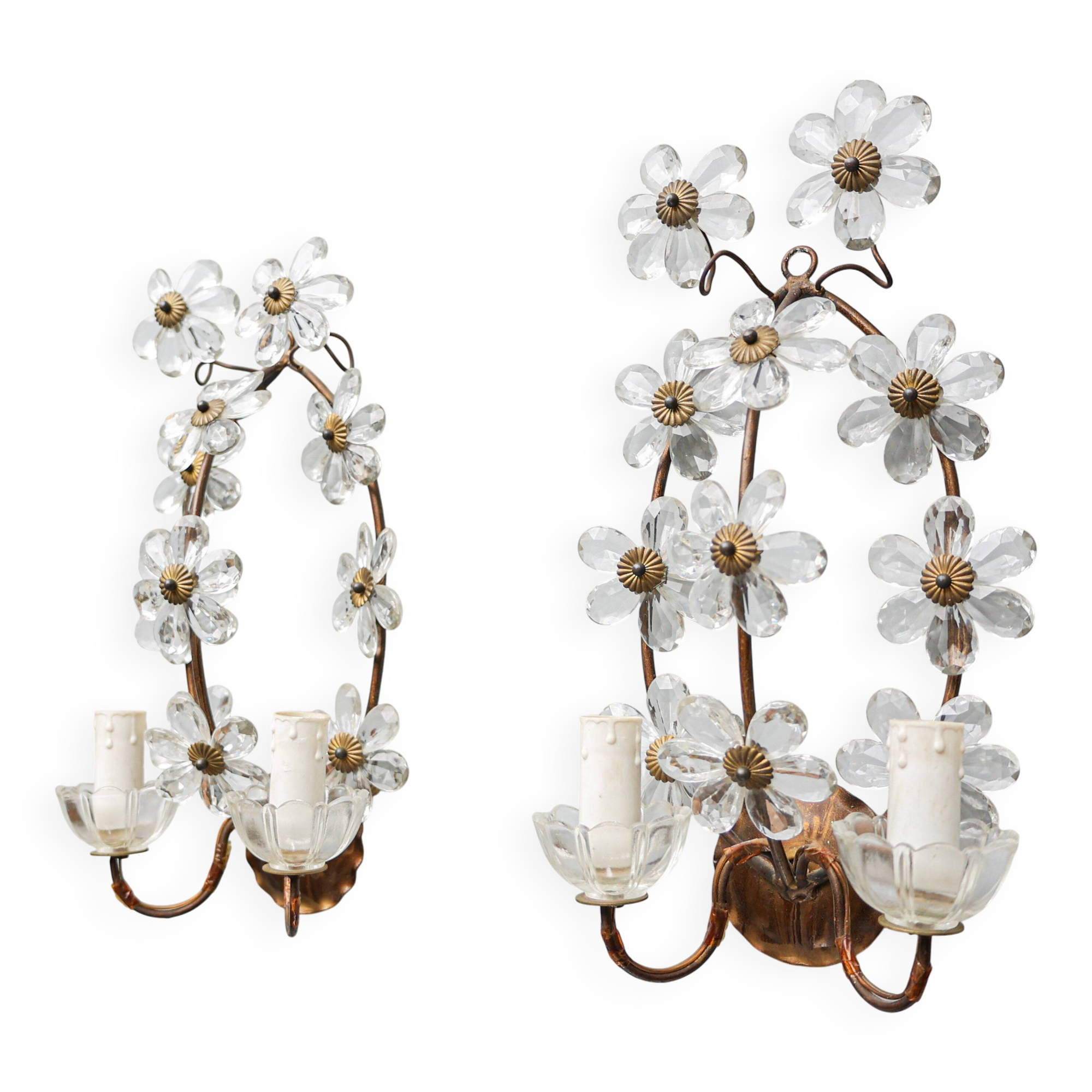 Set of 2 Banci Firenze wall sconces, brass / crystal glass 1950s, Italy.
