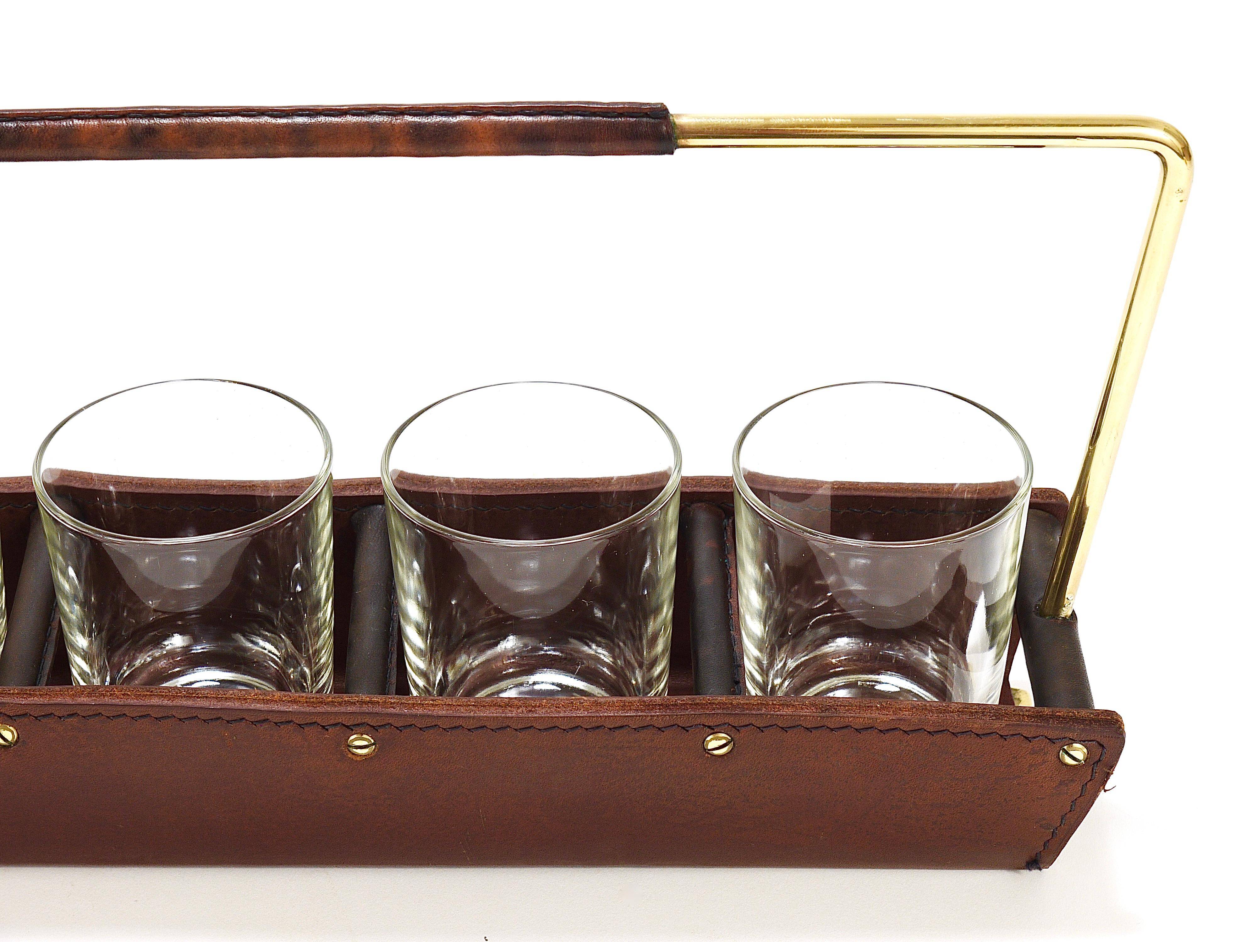 Carl Auböck II drinking glass holder, leather and brass, Austria 1950s