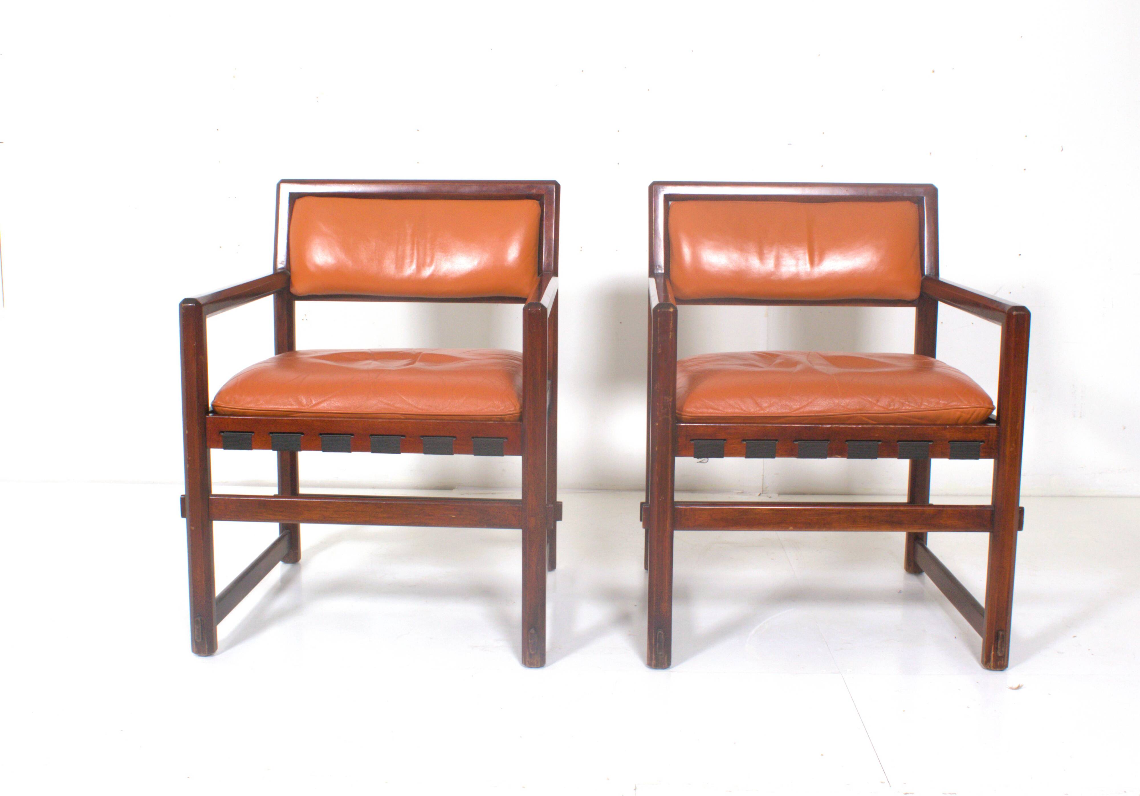 Pair of small leather dining seats or chairs by Edward Wormley