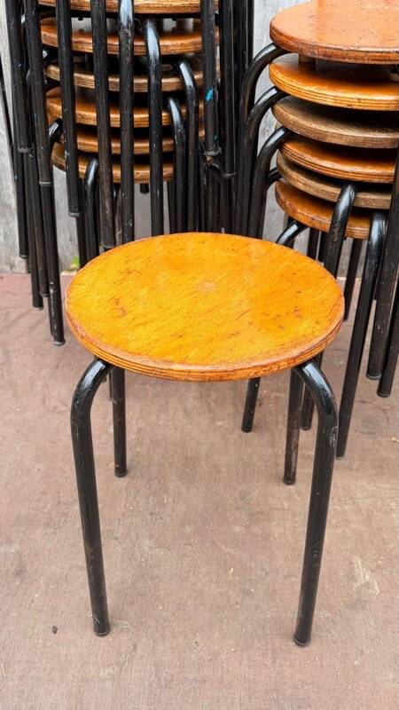Vintage black wooden and metal stool, 1970s.