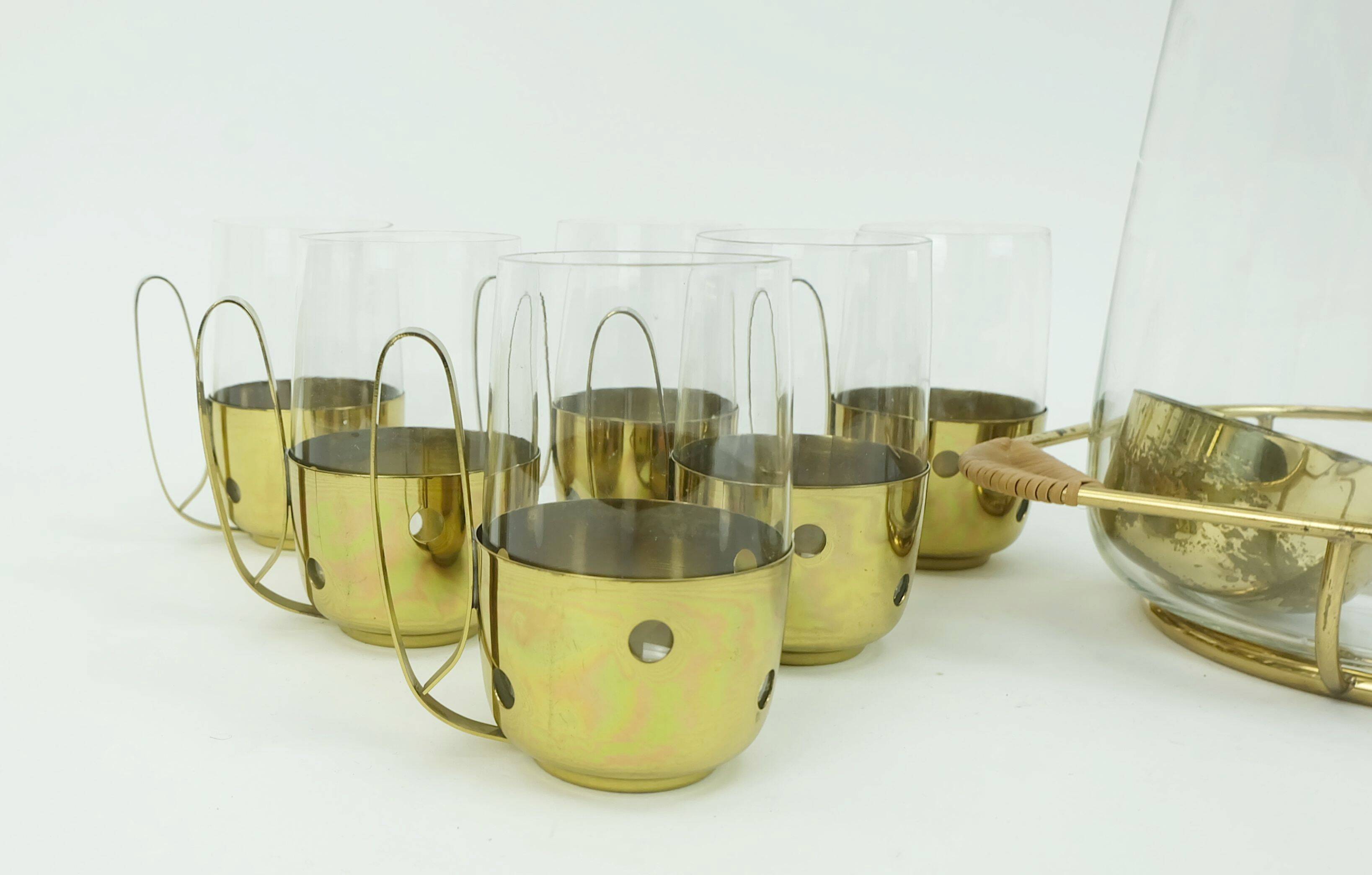 elegant mid century PUNCH bowl set with 12 glasses and centerpiece 1950s