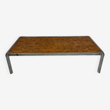 70s coffee table in chrome metal and wood burl