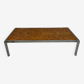 Table basse années 70 métal chromé et loupe de bois