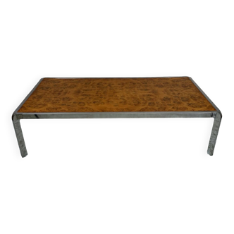 Table basse années 70 métal chromé et loupe de bois