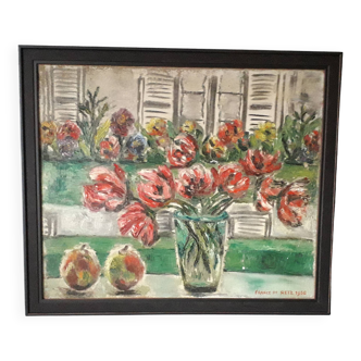 Antique oil painting depicting a still life