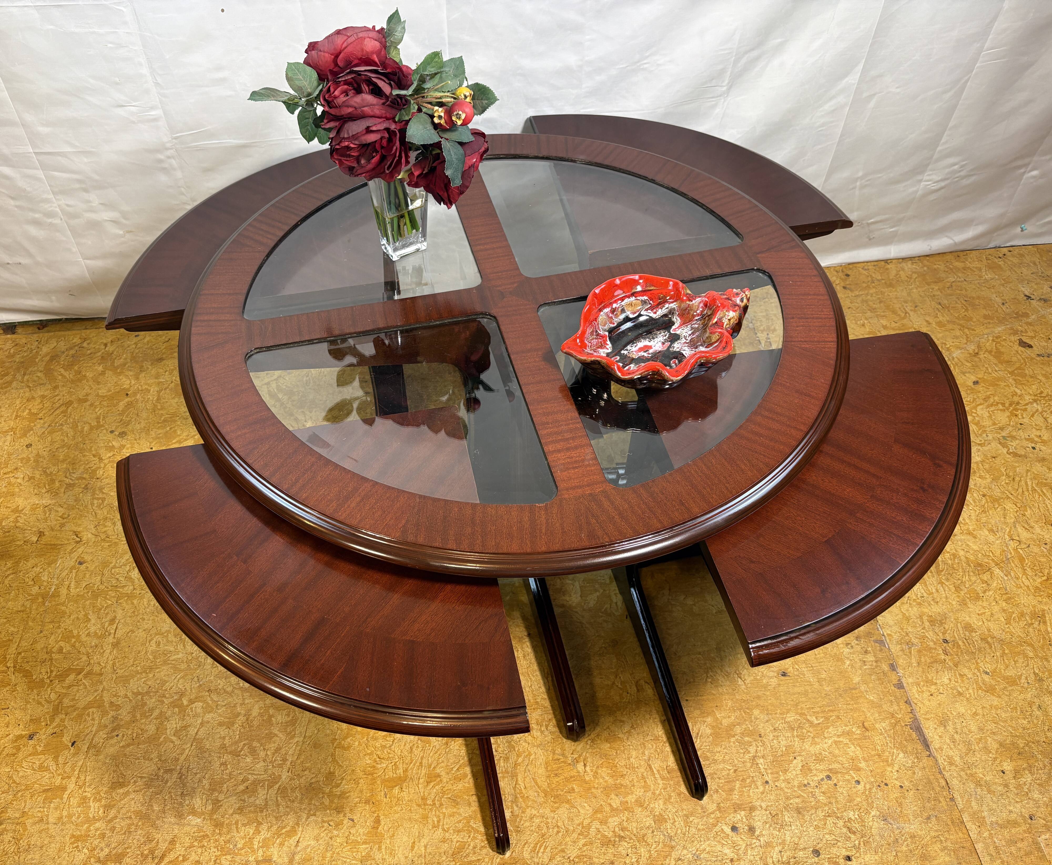 Vintage G-Plan Round Coffee Table & 4 Nested Stools | 1970s | Mahogany & Gl