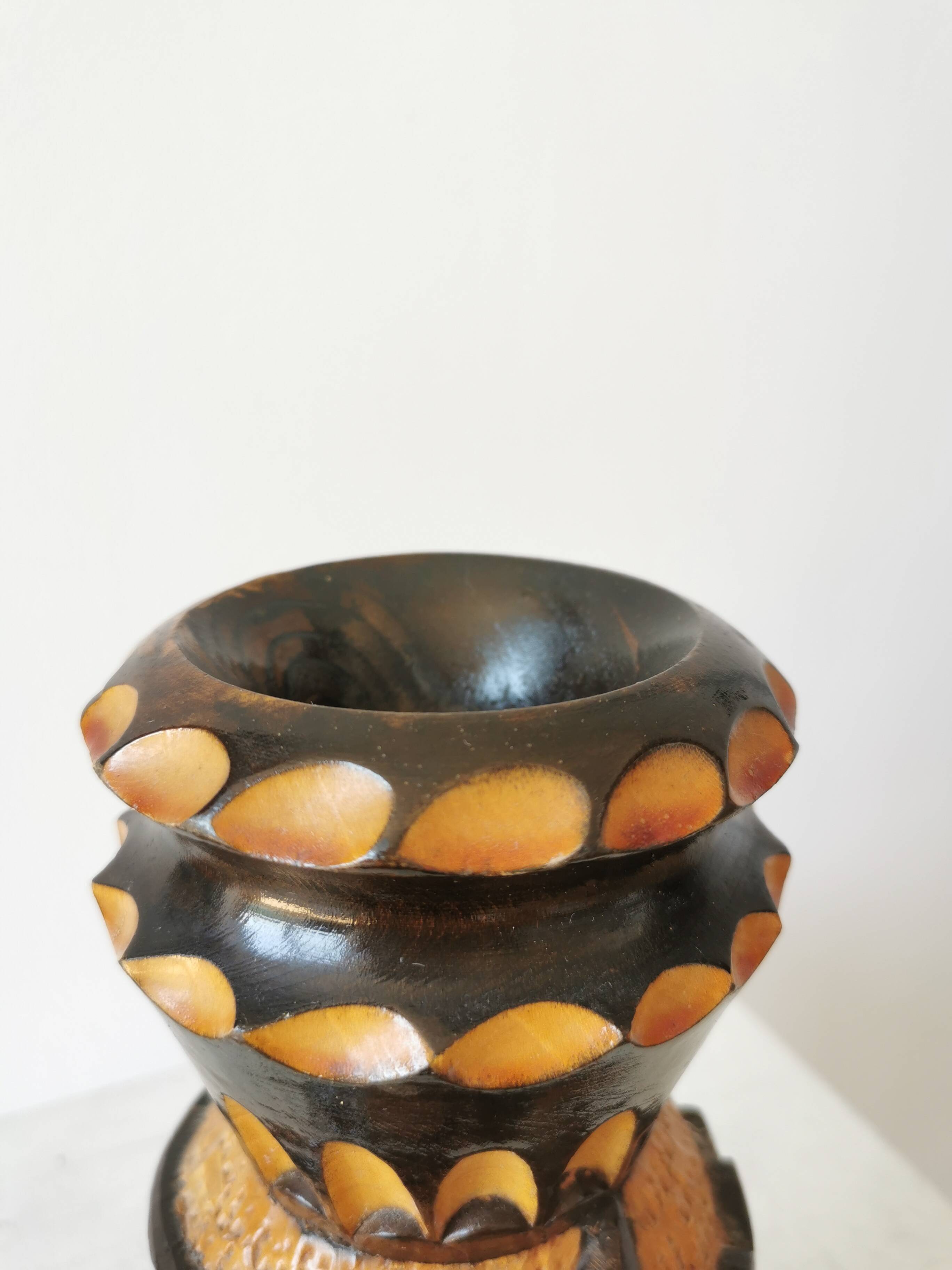 Vintage Hand Carved Wooden Vase: Grapevine Motif, 1970s Yugoslavia