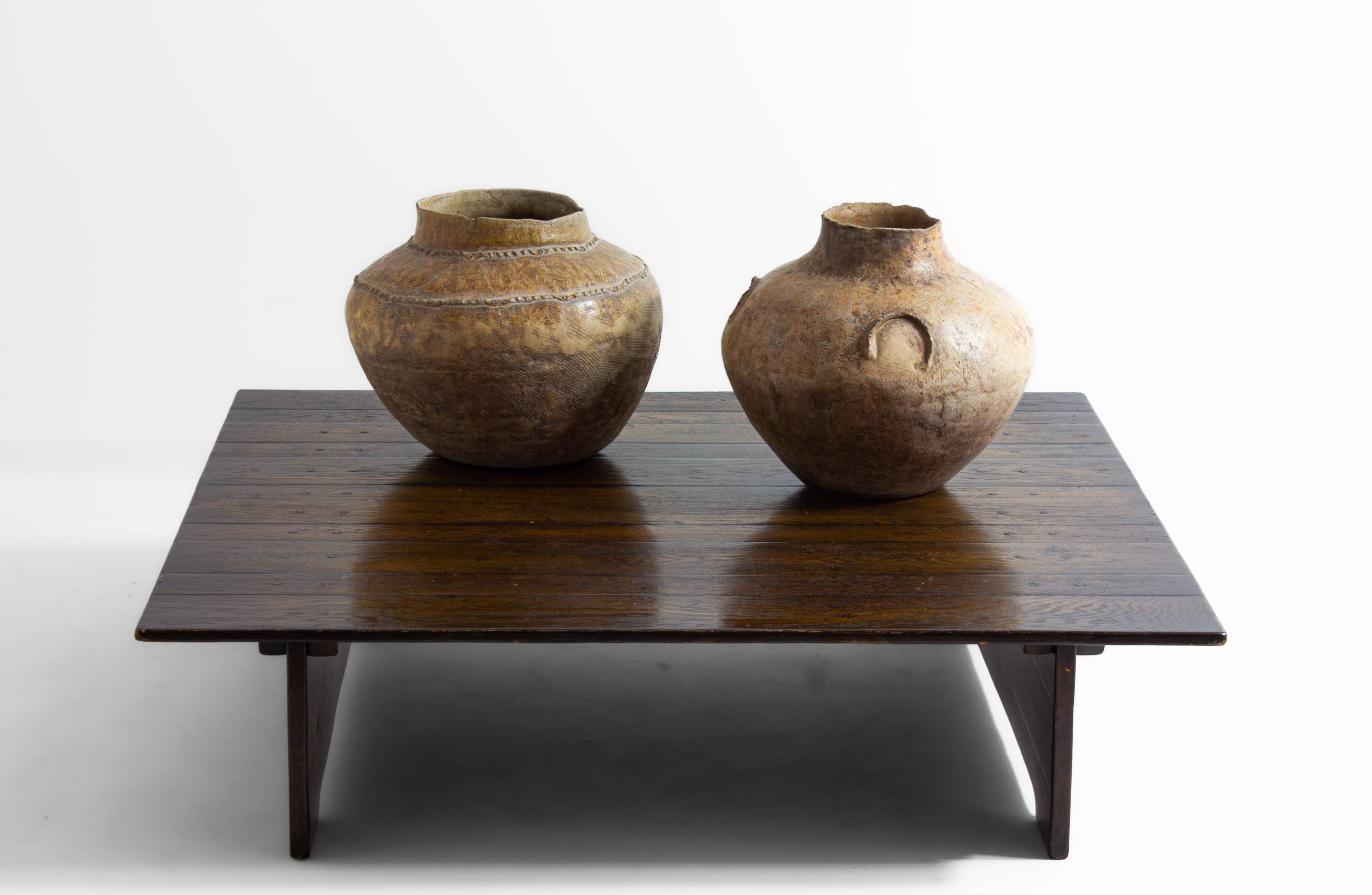 Large rustic brutalist coffee table in patinated wood, 1980s