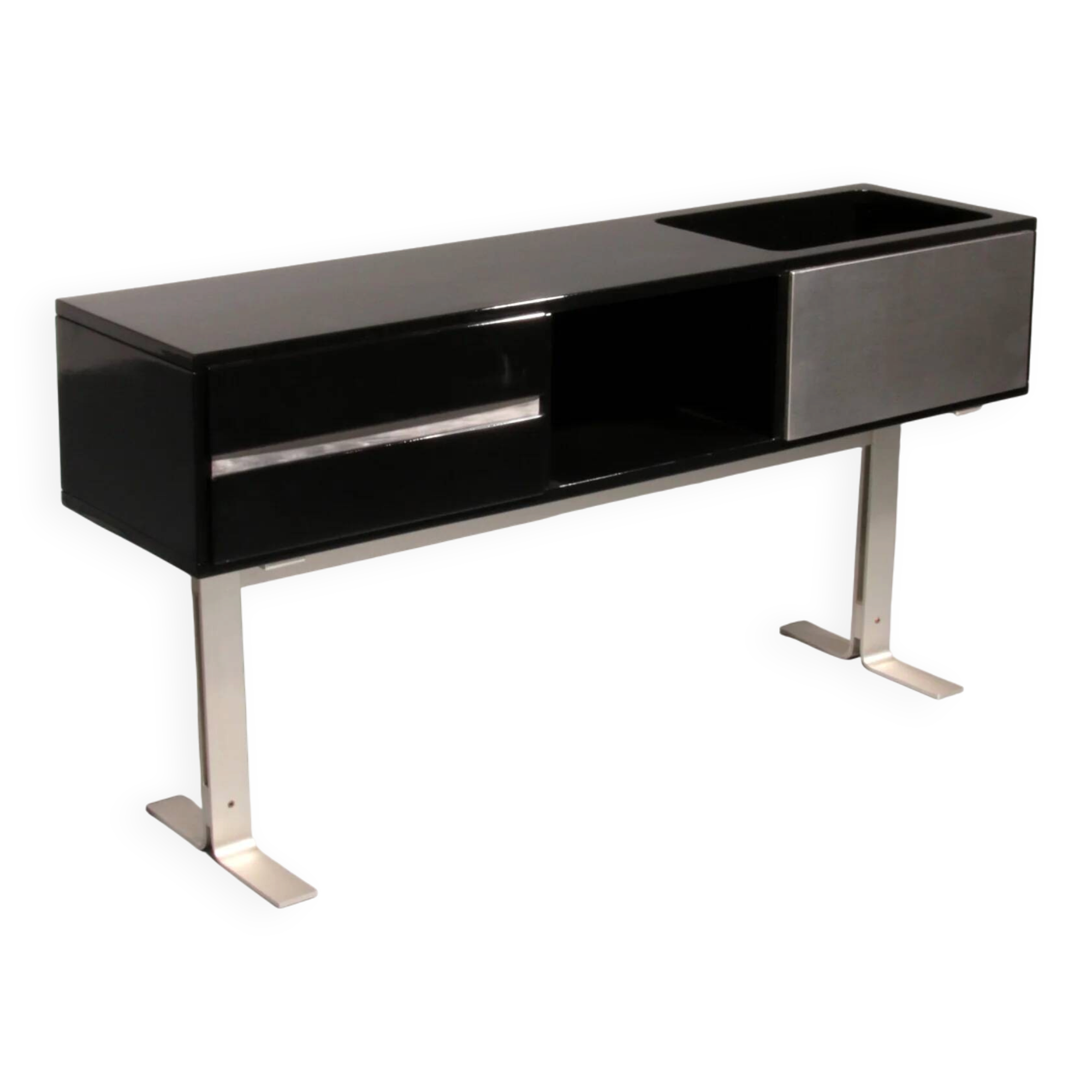 Stunning Willy Rizzo bar / sideboard in black & stainless steel, Italy 1969