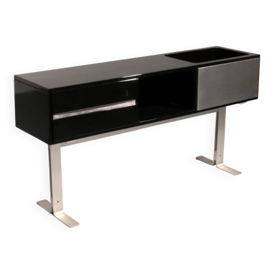 Superbe bar / buffet Willy Rizzo en noir et acier inoxydable, Italie 1969