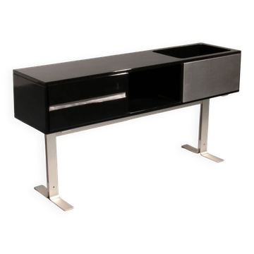 Superbe bar / buffet Willy Rizzo en noir et acier inoxydable, Italie 1969
