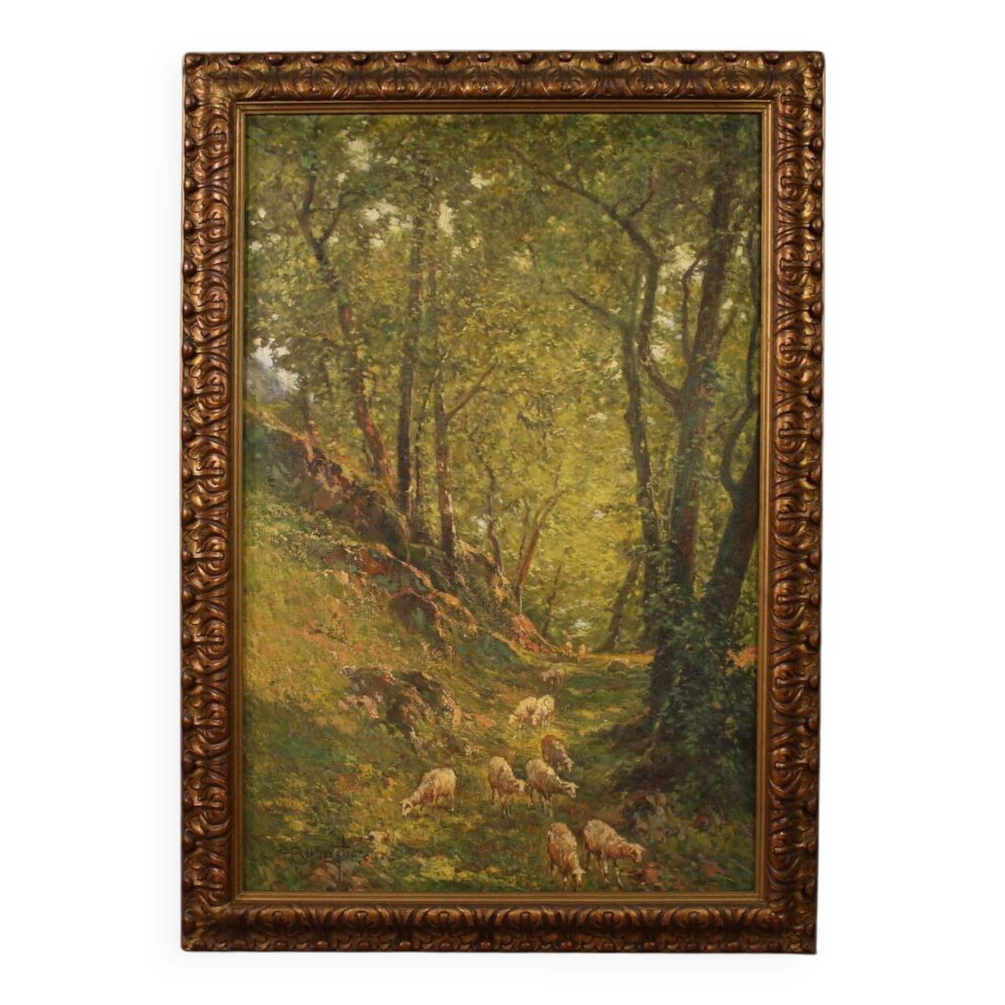 Italian landscape painting with sheep signed C. Bentivoglio