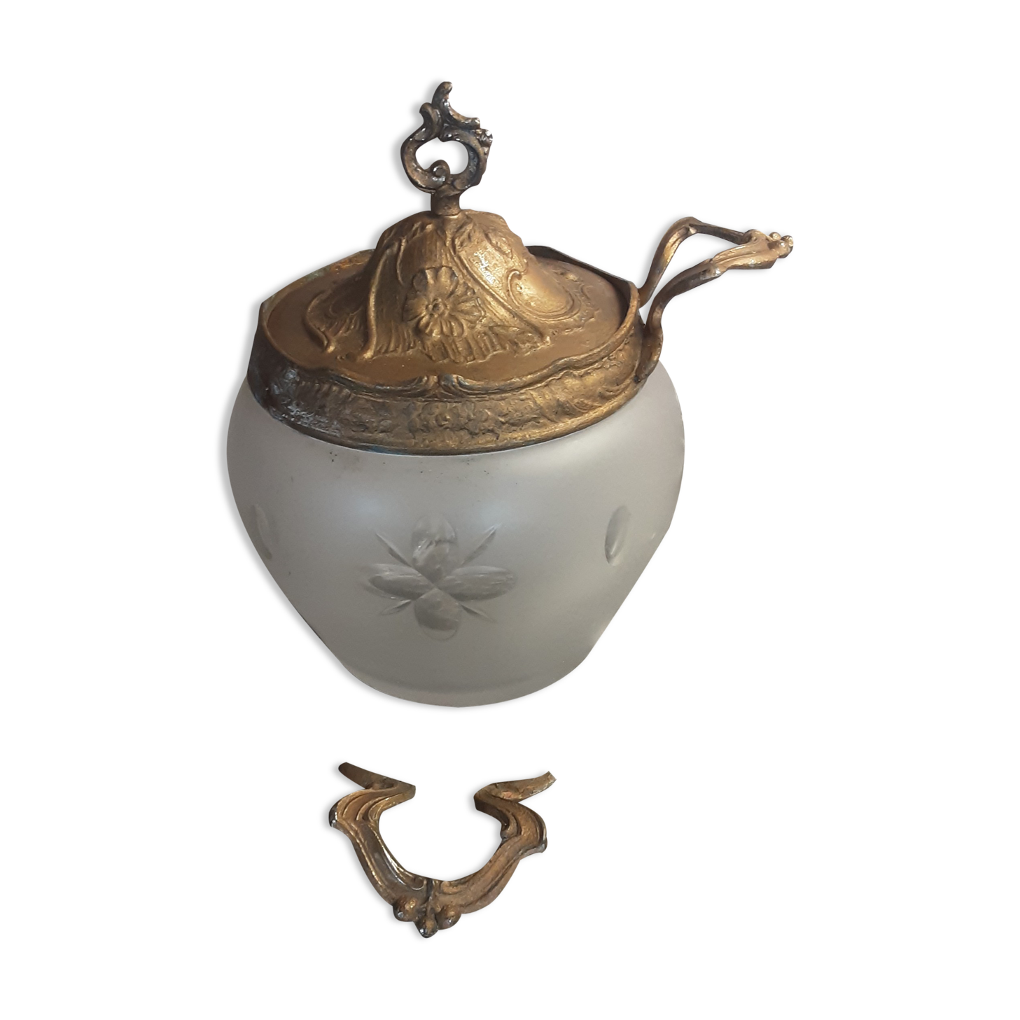 Ancienne bonbonnière en verre, décor marquise Doré/Rouge