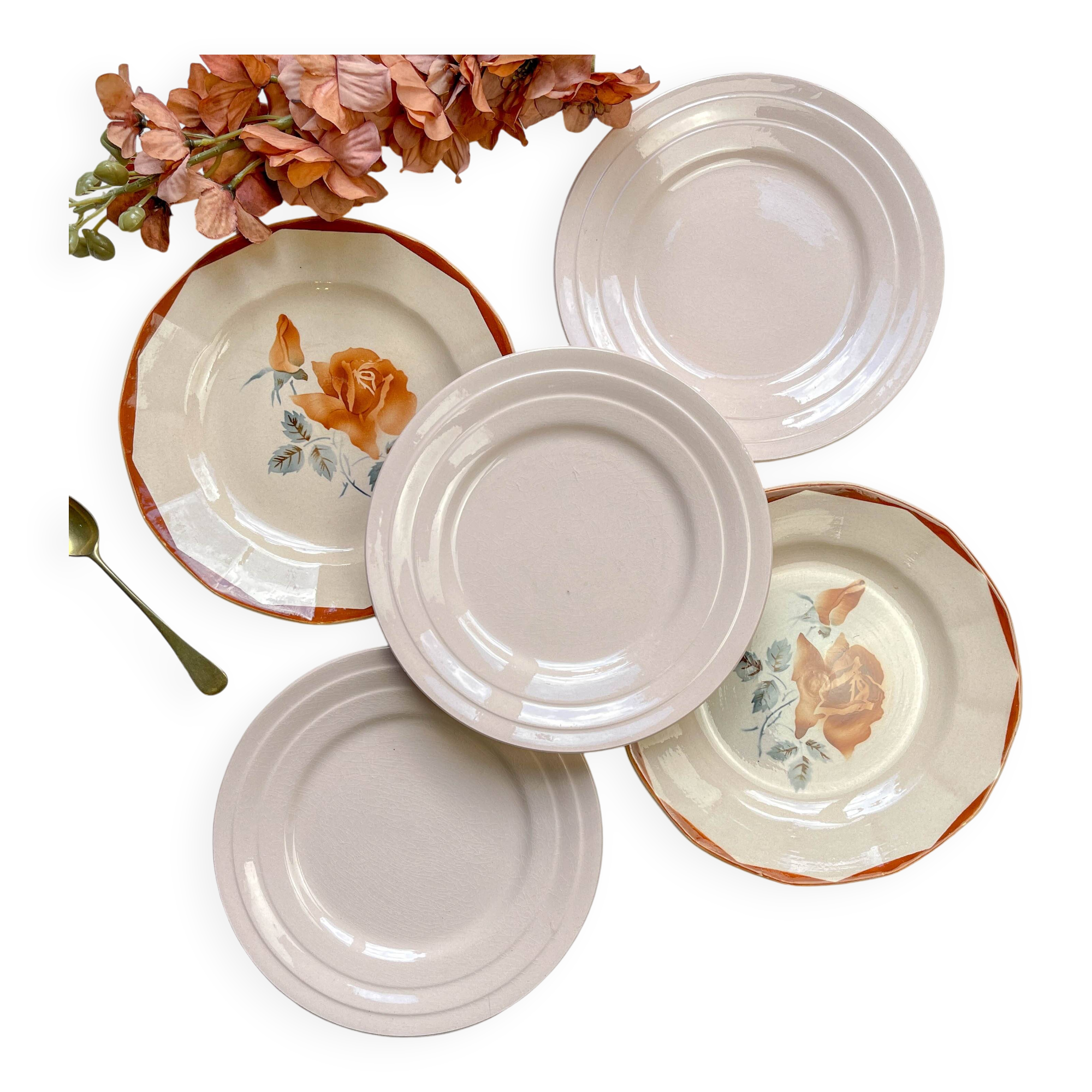 5 Small mismatched pink floral plates 1950 - DIGOIN SARREGUEMINES