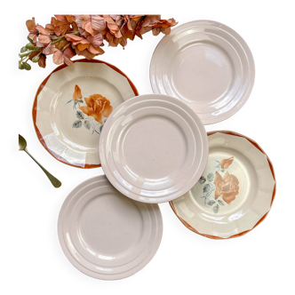 5 Petites assiettes dépareillées rose fleuries 1950 - DIGOIN SARREGUEMINES