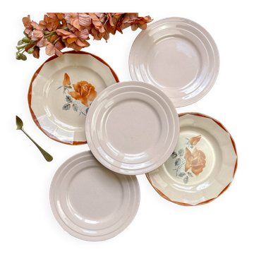 5 Petites assiettes dépareillées rose fleuries 1950 - DIGOIN SARREGUEMINES