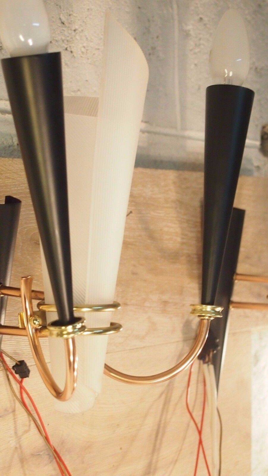 Paire applique lunel mid century texture perspex laiton dore noir