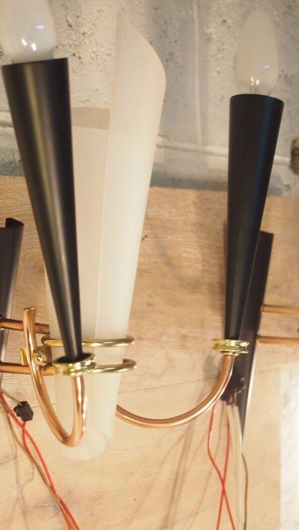 Paire applique lunel mid century texture perspex laiton dore noir