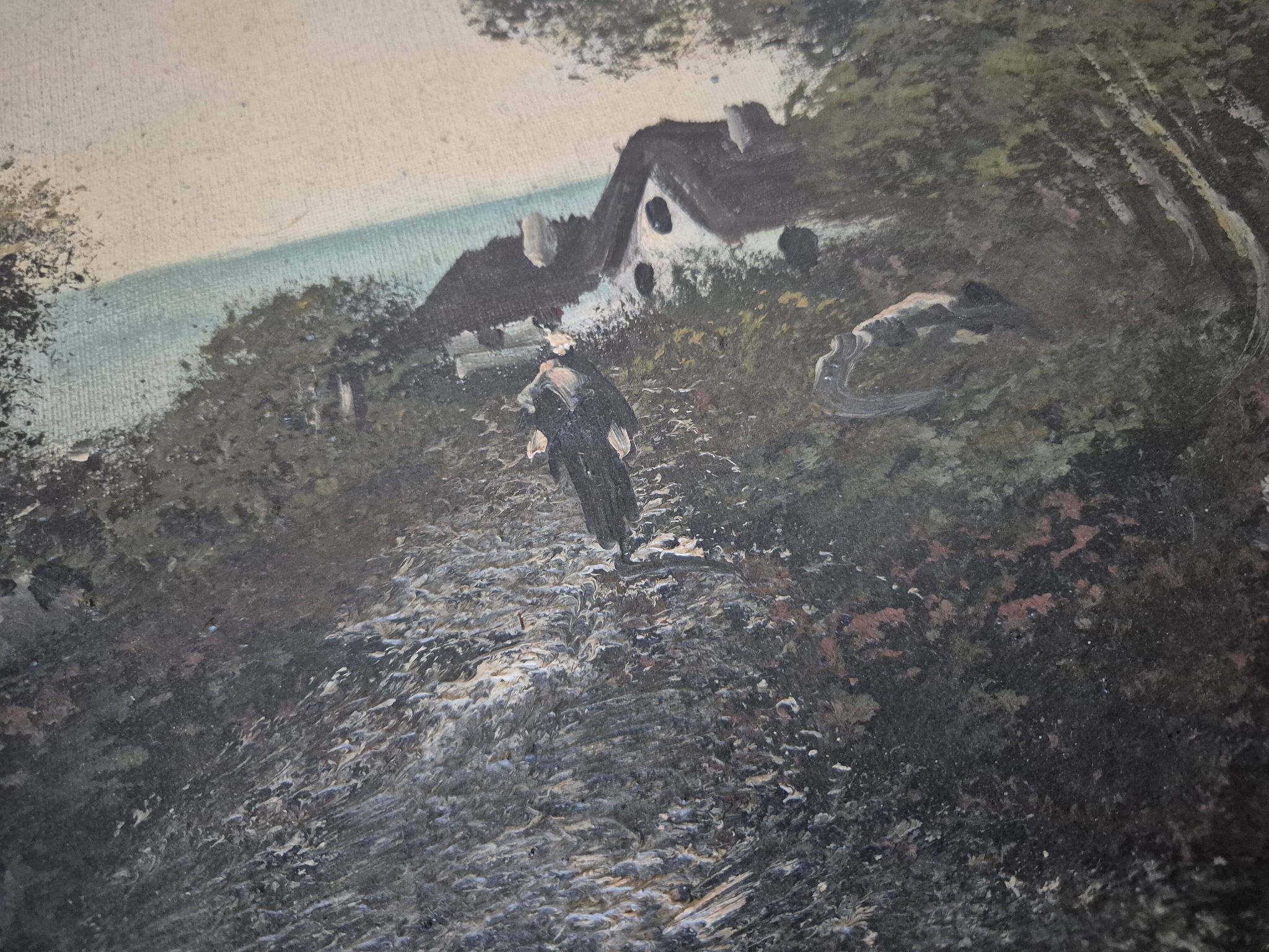 Painting depicting a landscape, forest by the sea.
