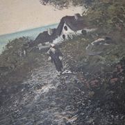 Painting depicting a landscape, forest by the sea.