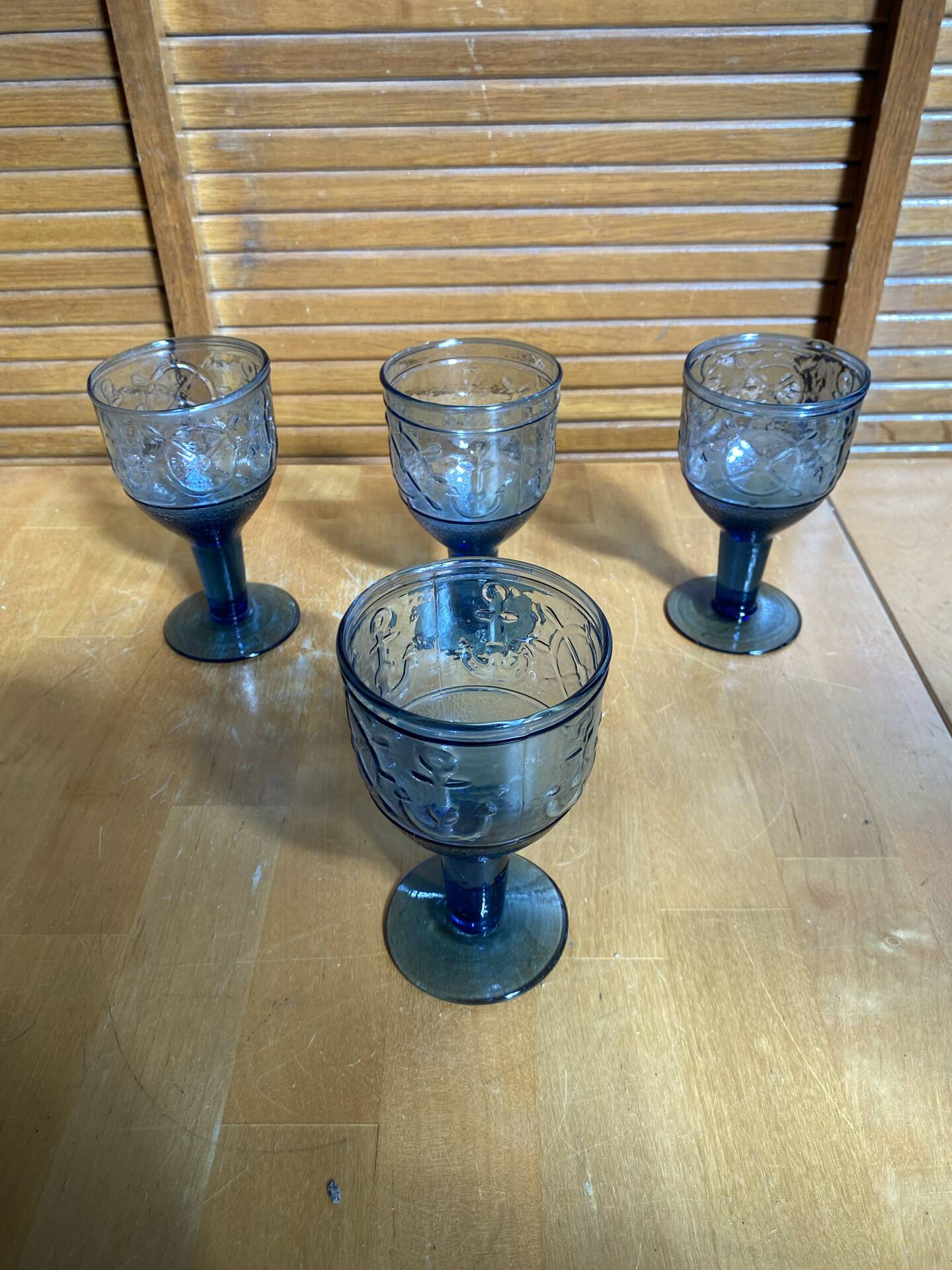 Set of 4 Stemmed Glasses Moulded Blue Marine Decor 1960s Vintage