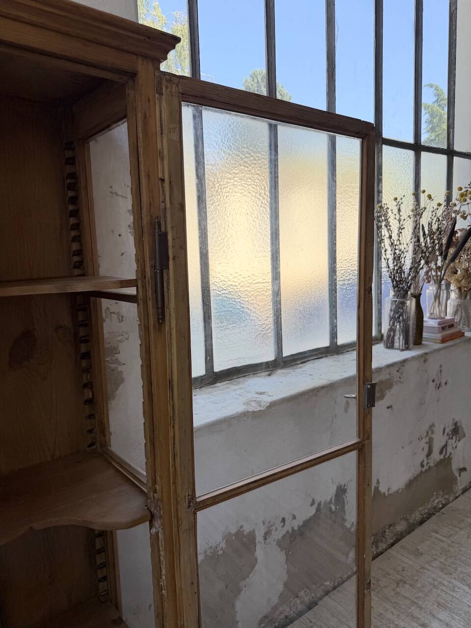 19th-century English pine display cabinet