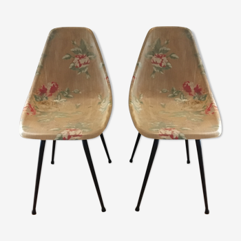 Set of two floral-patterned fiberglass chairs - 50/60s