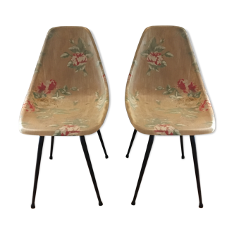 Set of two floral-patterned fiberglass chairs - 50/60s