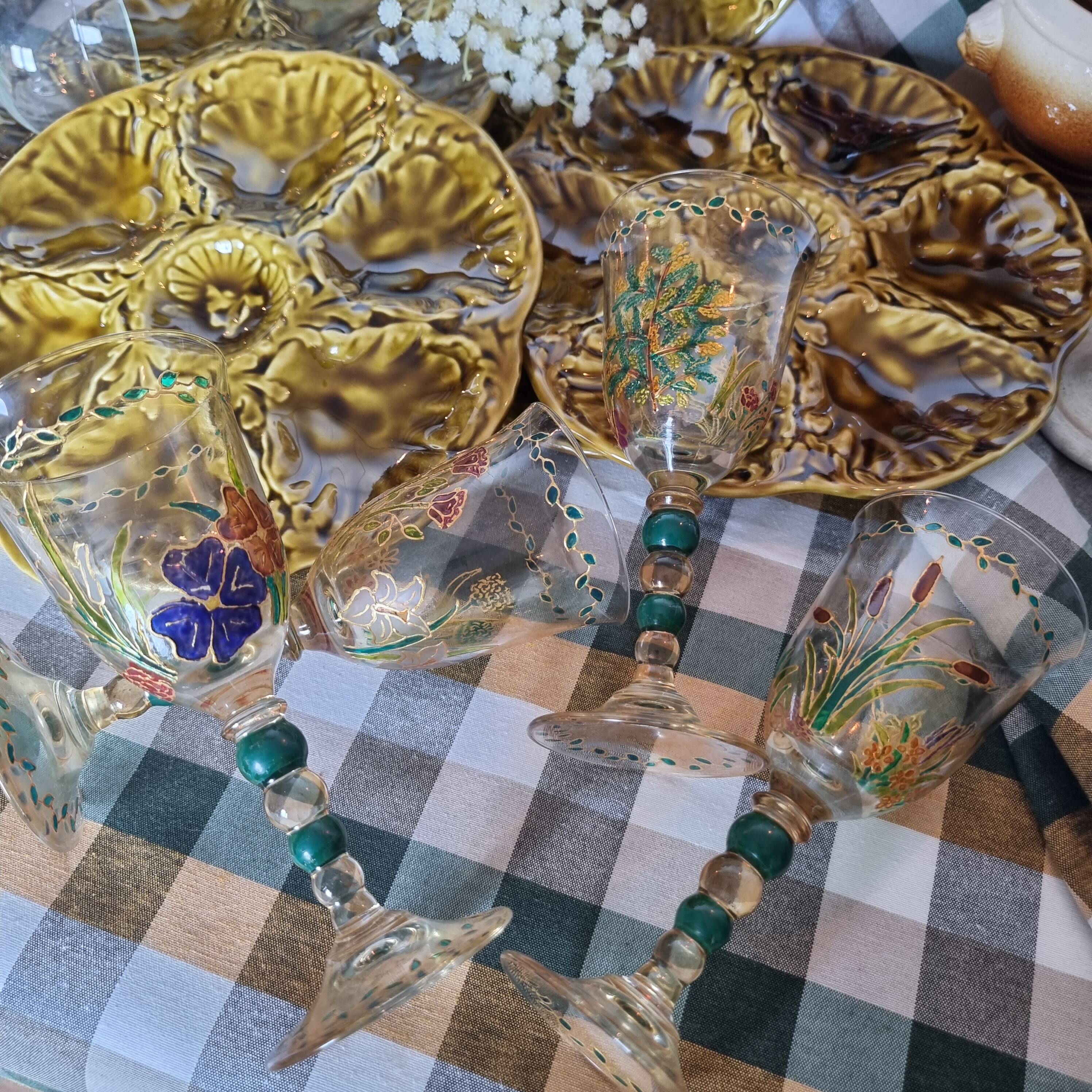 Set of 4 antique hand painted glass water or wine glasses with details inspired by the style