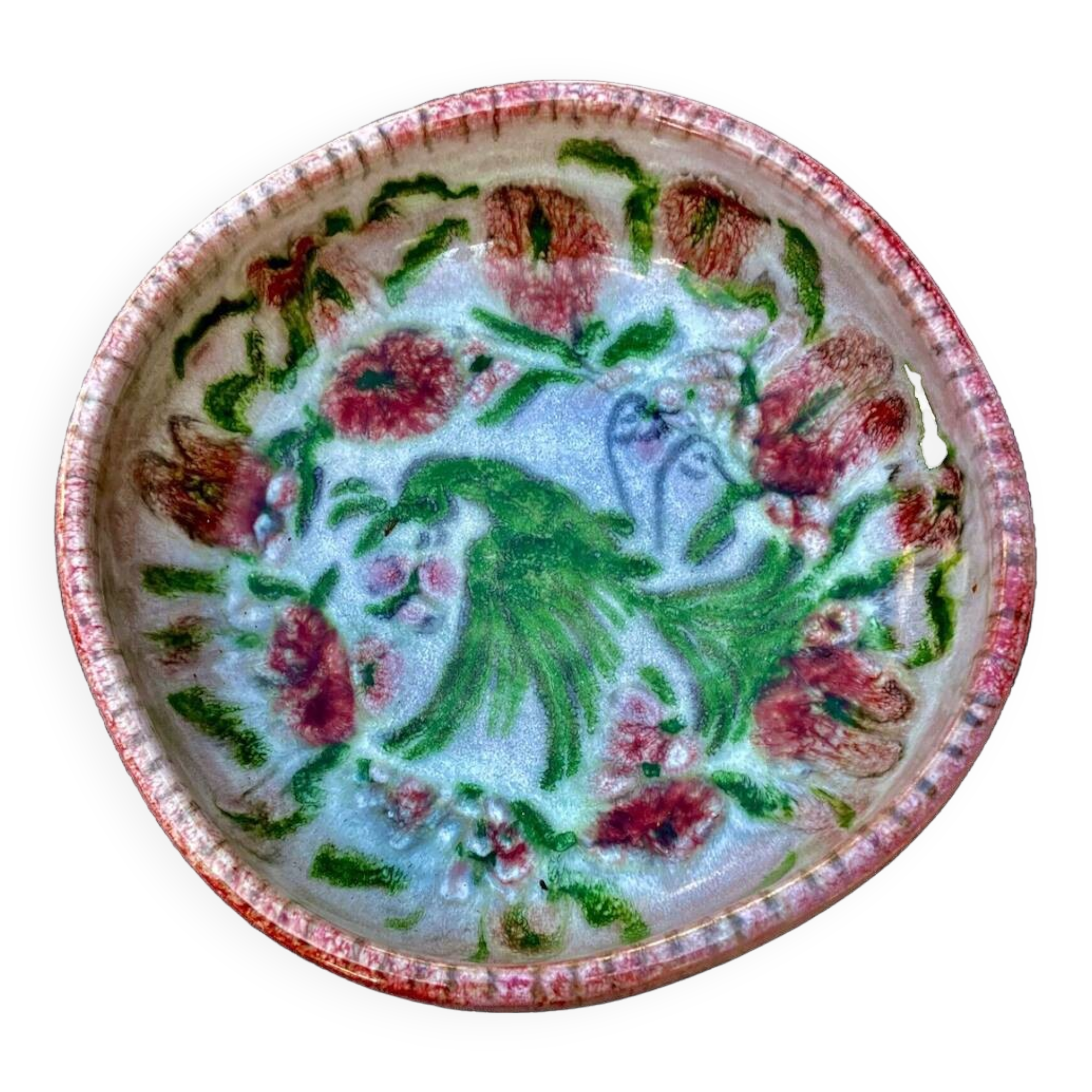 Edouard cazaux cup, firebird decoration on a background of floral seeds,