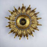 Spanish sunburst ceiling light fixture or sconce in gilt wrought iron, circa 1950s