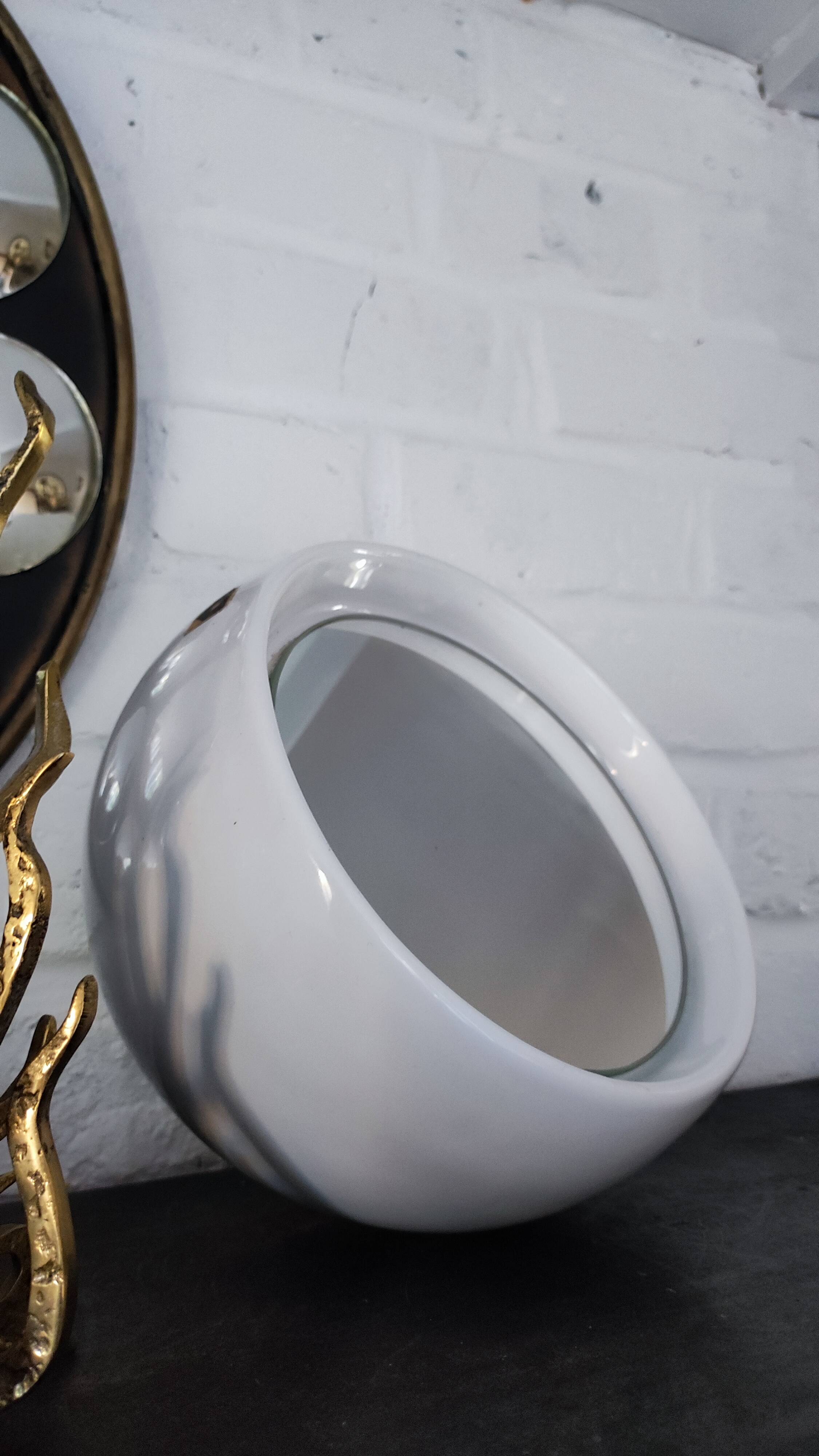 White Ceramic Table Mirror Weighted in a Space Age Ball Shape