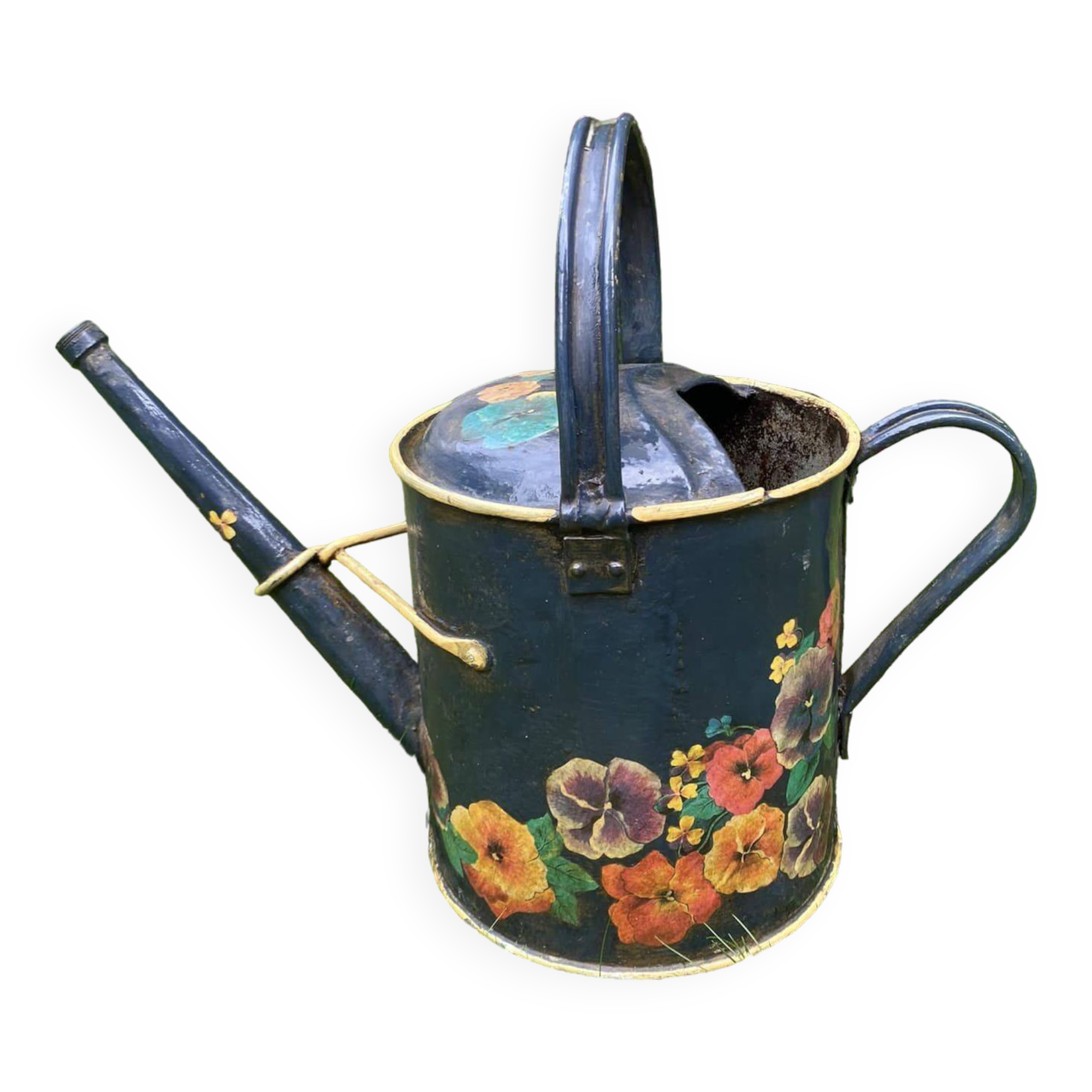 Very decorative metal watering can with “Pensées” decorations