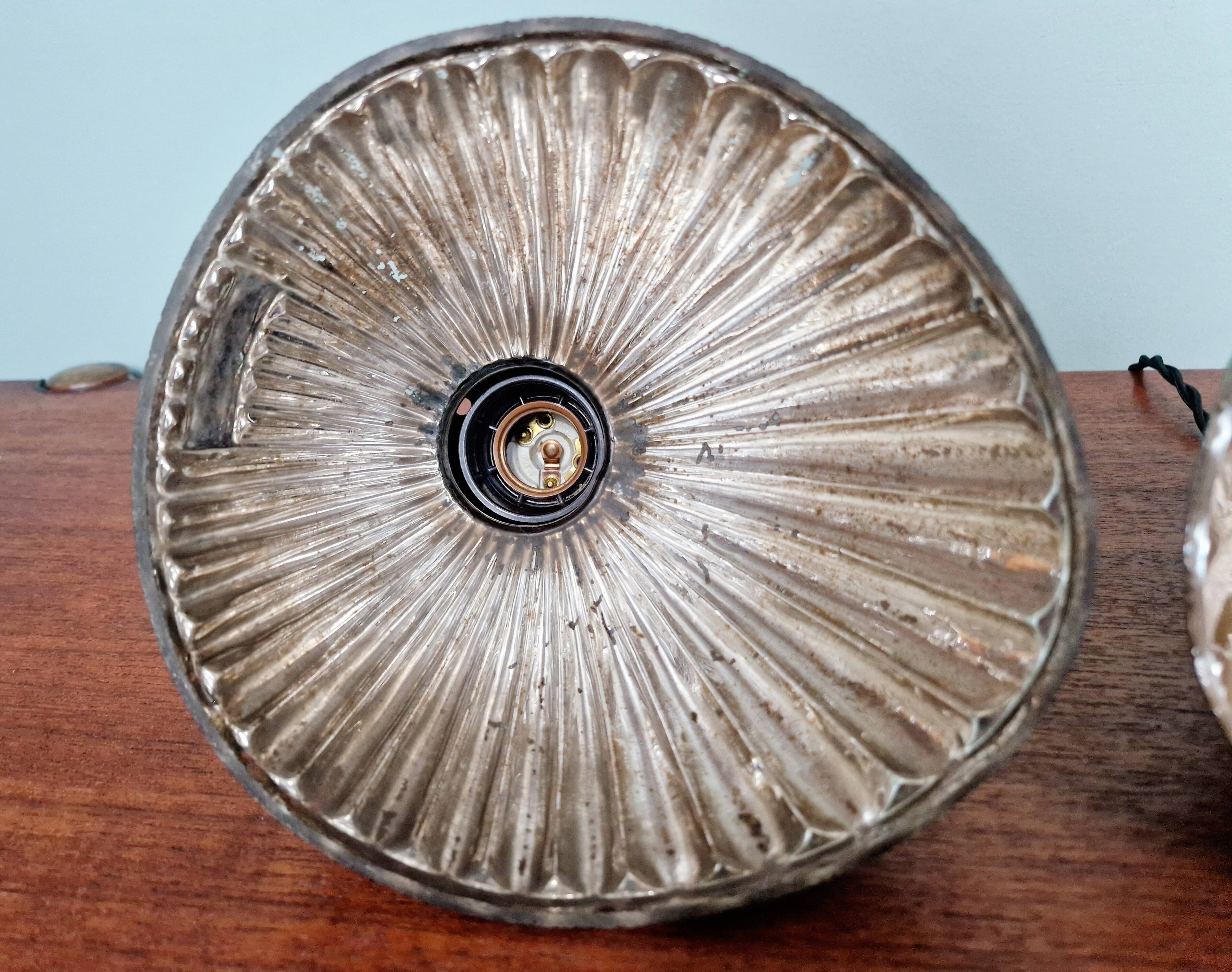 Set of 3 industrial mercury glass pendant lights, GAL (France), 1930s