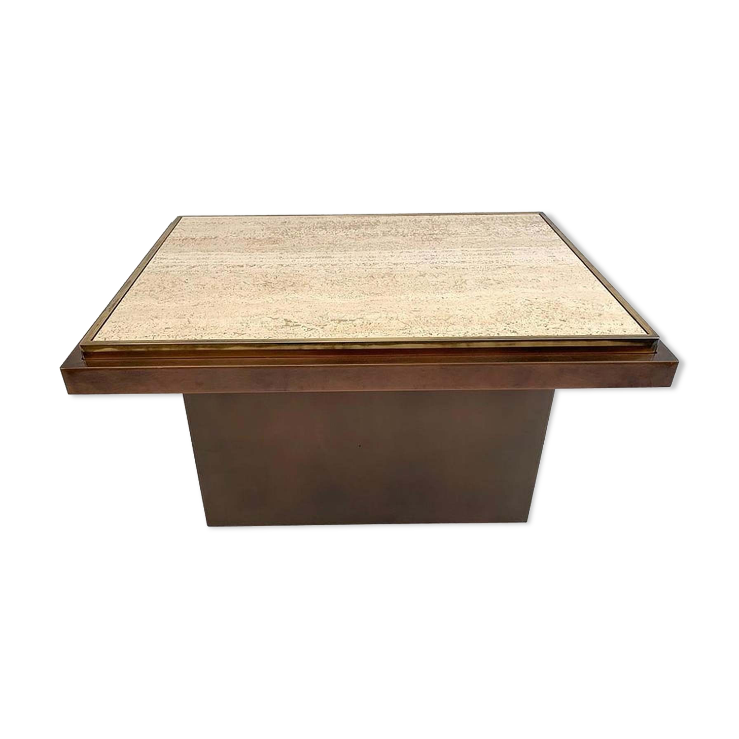 Belgo Chrome coffee table in travertine, copper and brass