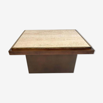 Table basse belgo chrome en travertin, cuivre et laiton