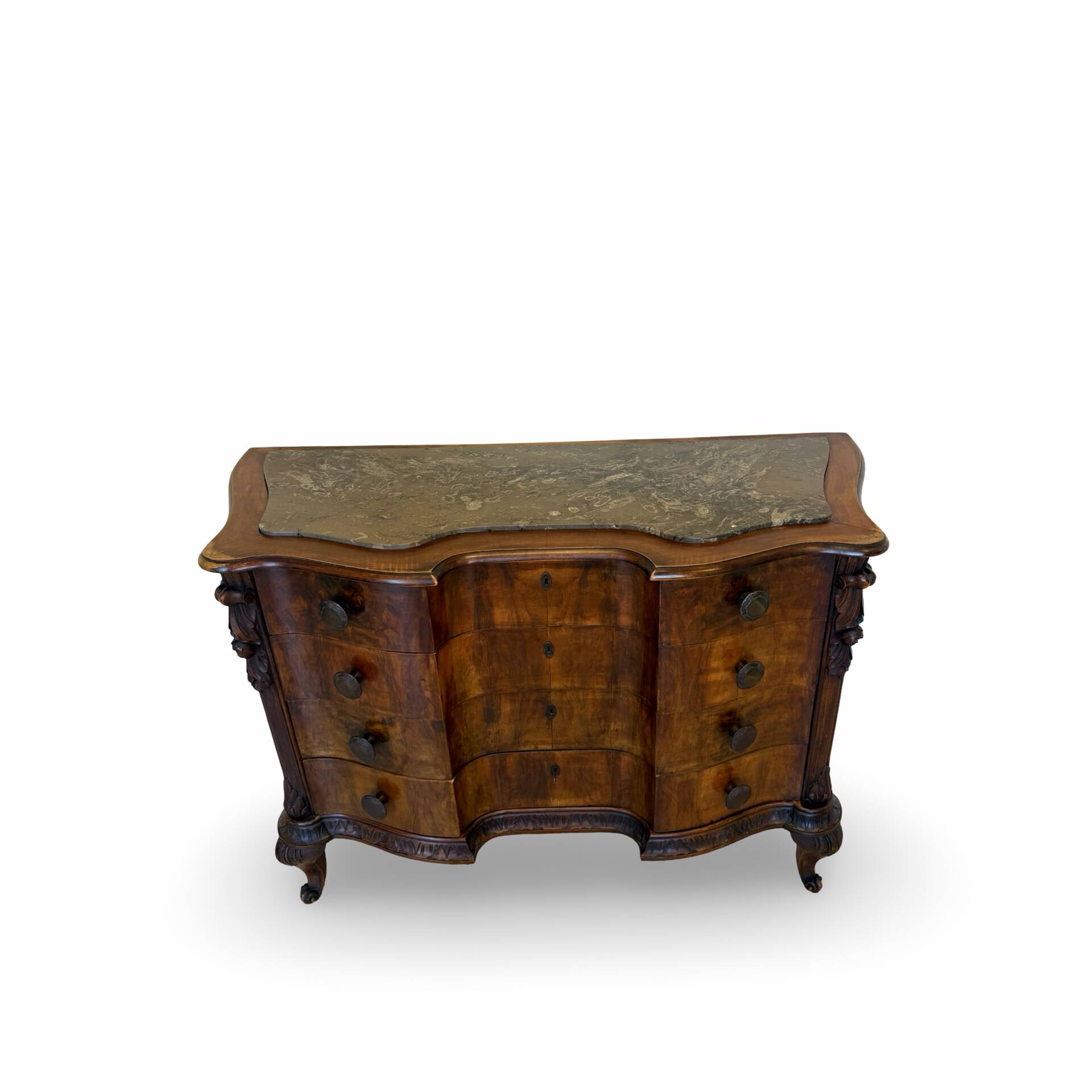 serpentine commode in antique walnut