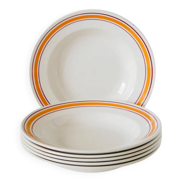 Lot de 6 assiettes creuses, liserés jaune et bordeaux, 1960
