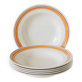 Lot de 6 assiettes creuses, liserés jaune et bordeaux, 1960