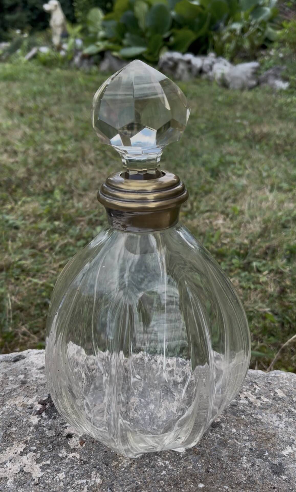 Large antique decanter for spirits – cut glass and silvered neck