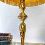 Louis XVI style gilt bronze lamp with yellow fringed shade - elegant vintage antique lamp