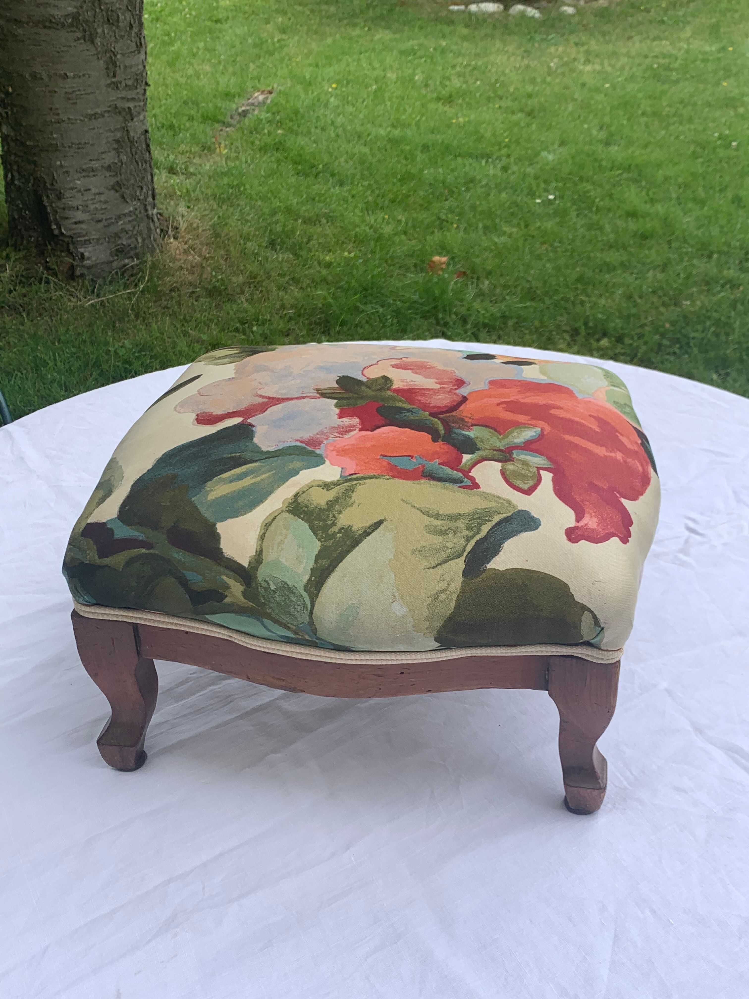 Footrest, wooden and antique floral fabrics