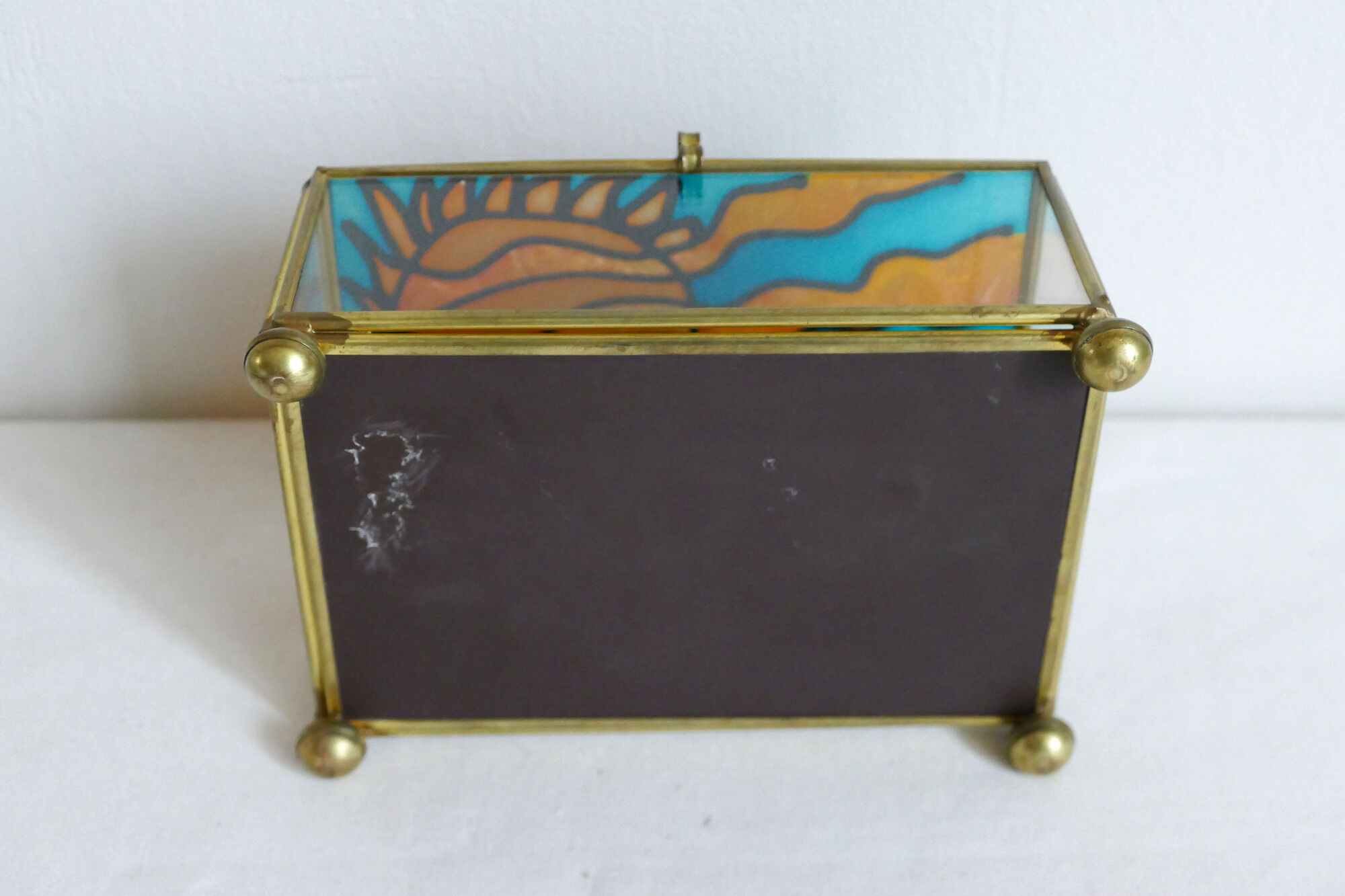 Blue and orange vintage jewellery box in 70s bohemian chic stained glass