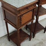 Pair of bedside old marquetry top green marble and bronze decorations