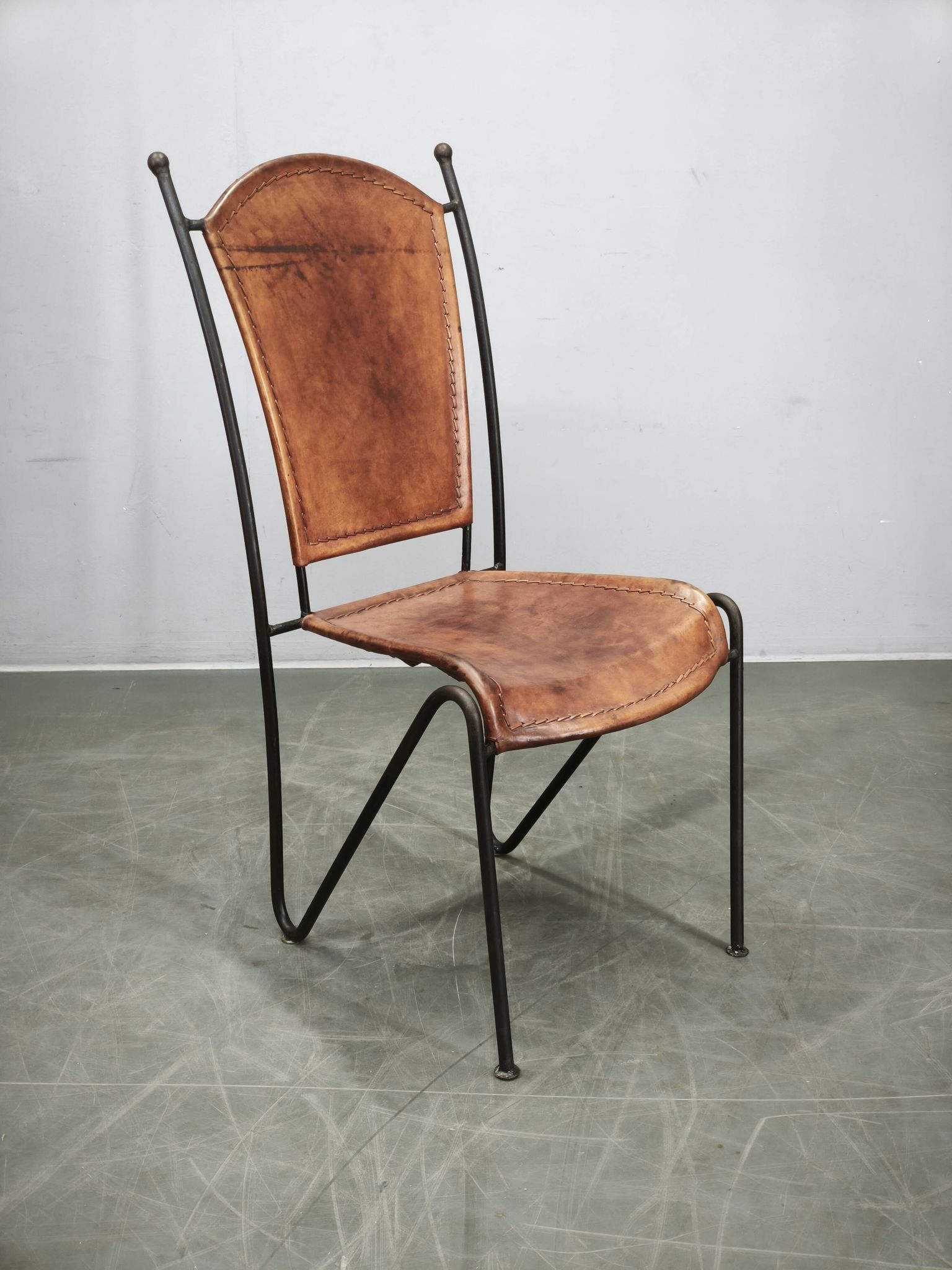 1990s European Brutalist Wrought Iron and Hand-Stitched Cognac Leather Dining Chair