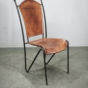 1990s European Brutalist Wrought Iron and Hand-Stitched Cognac Leather Dining Chair