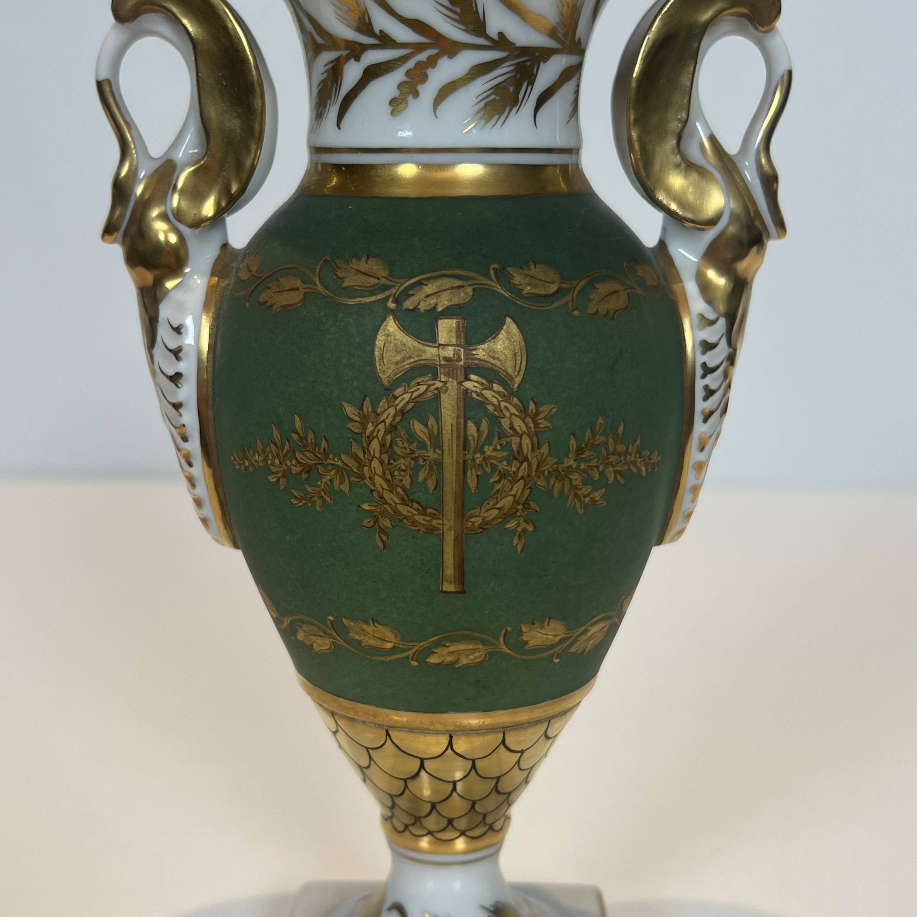 Pair of Empire Style Porcelain Vases, Decorated with Swans and Bundles