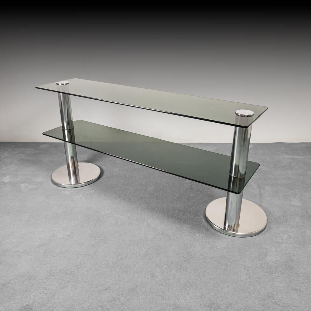 Console table in chromed steel and smoked glass of the 70s vintage