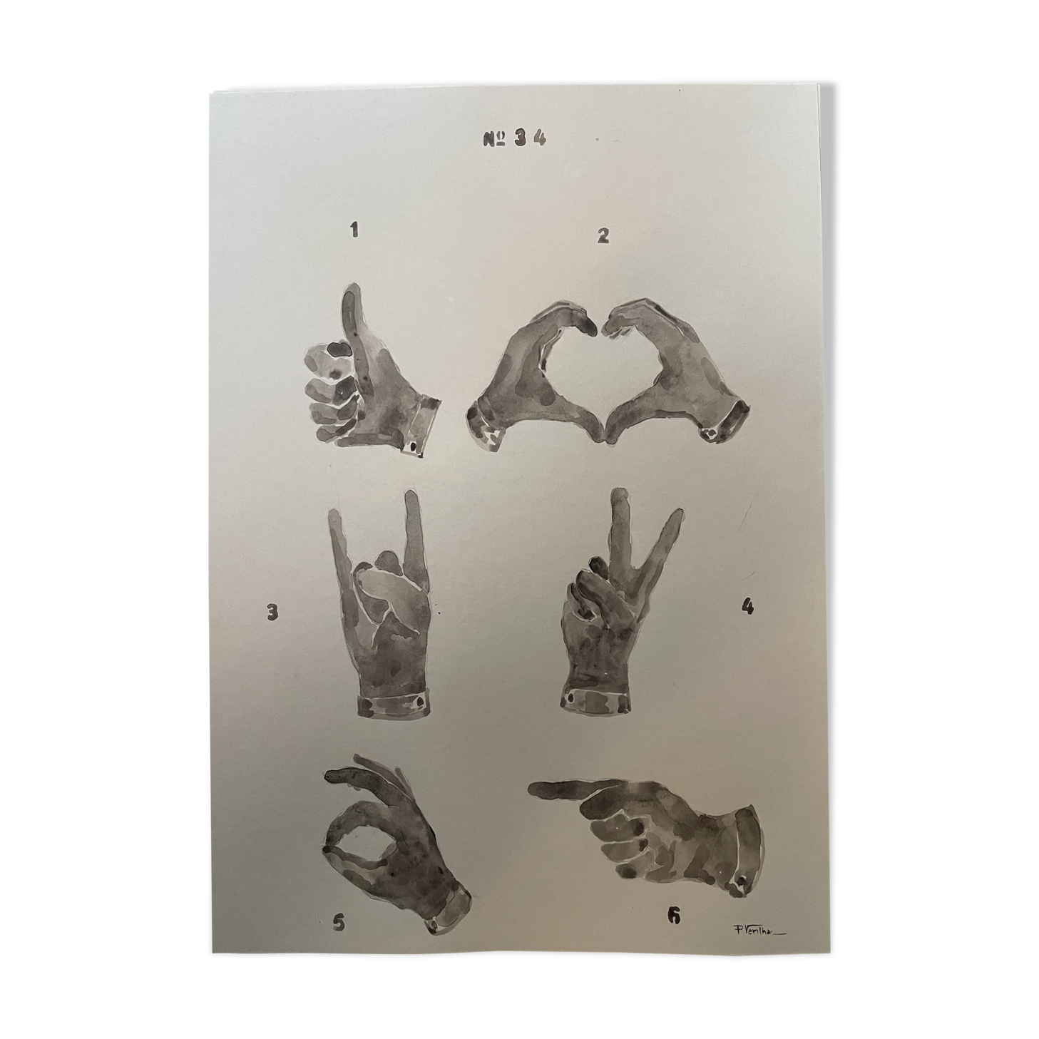 Signed painting monochrome watercolor sepia hand signs "gloves store poster"