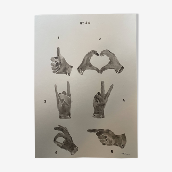 Tableau signé aquarelle monochrome sépia signes de la main  « affiche magasin gants »